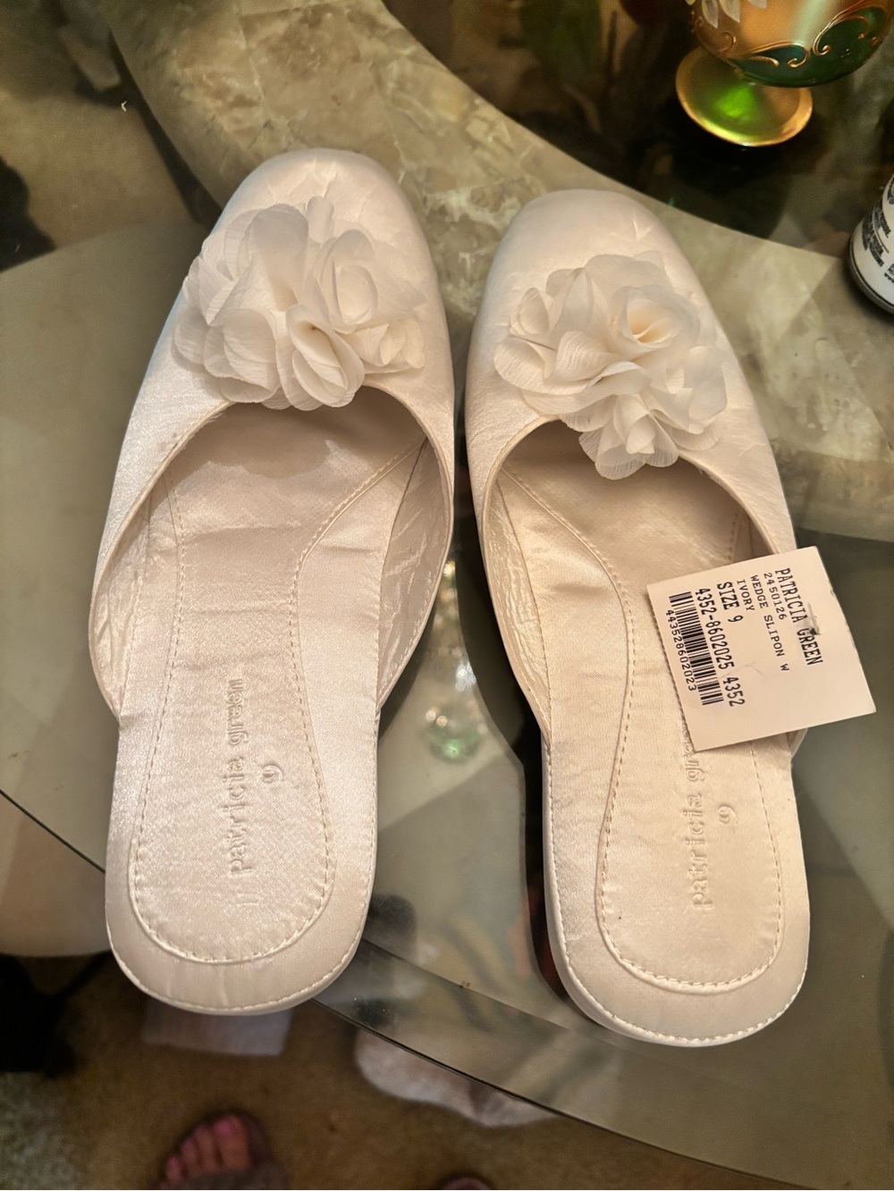 Patricia Green Cream Satin Floral Slide Mules Slippers
